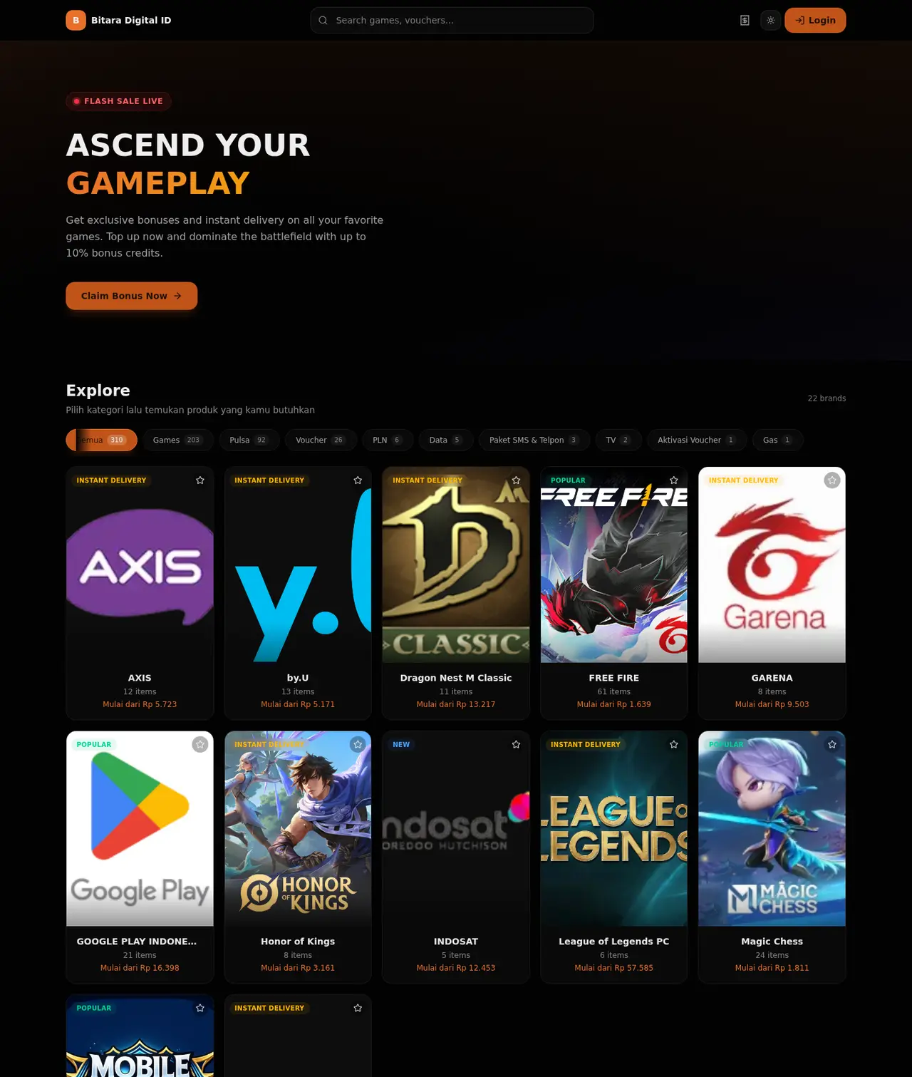 Bitara PPOB app — product catalog with games, pulsa, e-wallet, and more